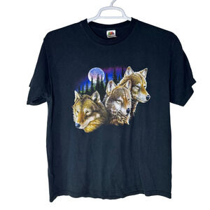 Vintage Fruit of Loom Wolf Shirt Mens Large Black Moon Nature Forest Outdoor 90s